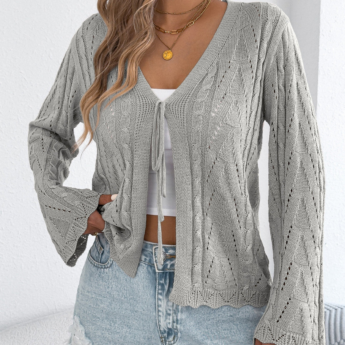 Lace-Up Flared Sleeve Knit Top