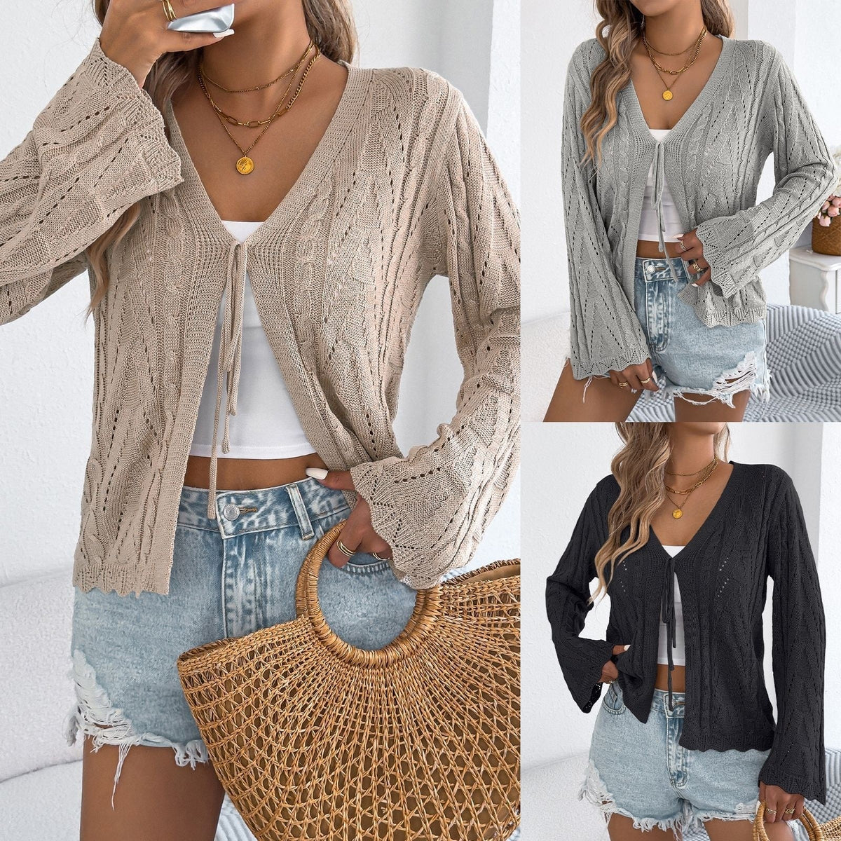 Lace-Up Flared Sleeve Knit Top
