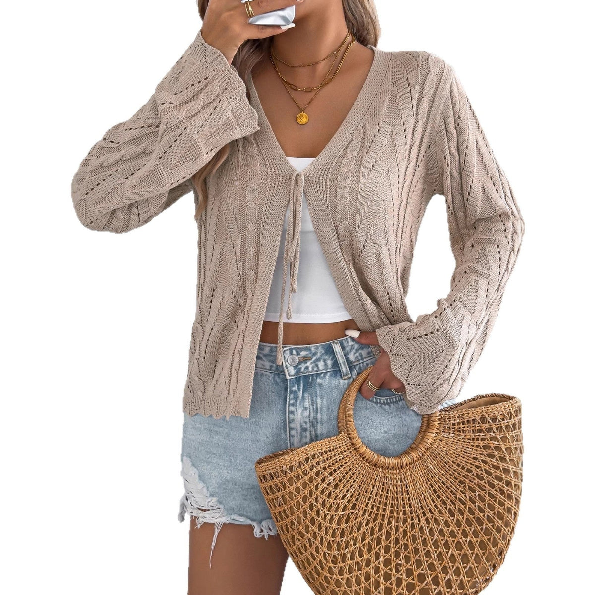 Lace-Up Flared Sleeve Knit Top