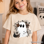 Kids Floral Ghost T-Shirt, Neutral Boho Halloween Spider Web Youth Tee