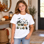 Kids Bookish Ghosts Reading T-Shirt, Checkered Halloween Witch Cat Youth Tee