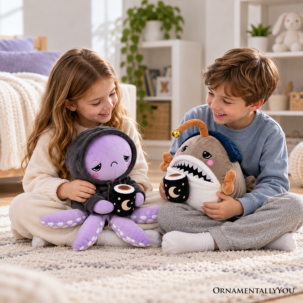 Lumi Anglerfish and Inky Octopus Plush Set, 9.7" Deep Sea Stuffed Animal Friends with Cocoa Mugs