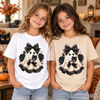Kids Gothic Ghost with Black Cat T-Shirt, Black Rose Coquette Halloween Youth Tee