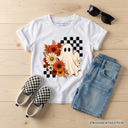 Kids Checkered Floral Ghost T-Shirt, Vintage Fall Halloween Daisy Youth Tee