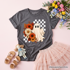 Kids Checkered Floral Ghost T-Shirt, Vintage Fall Halloween Daisy Youth Tee
