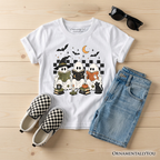 Kids Bookish Ghosts Reading T-Shirt, Checkered Halloween Witch Cat Youth Tee