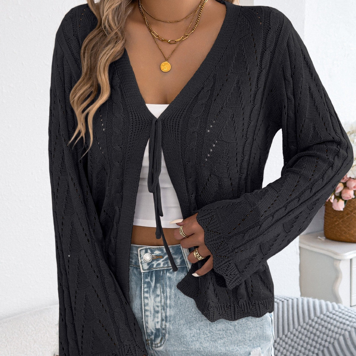 Lace-Up Flared Sleeve Knit Top