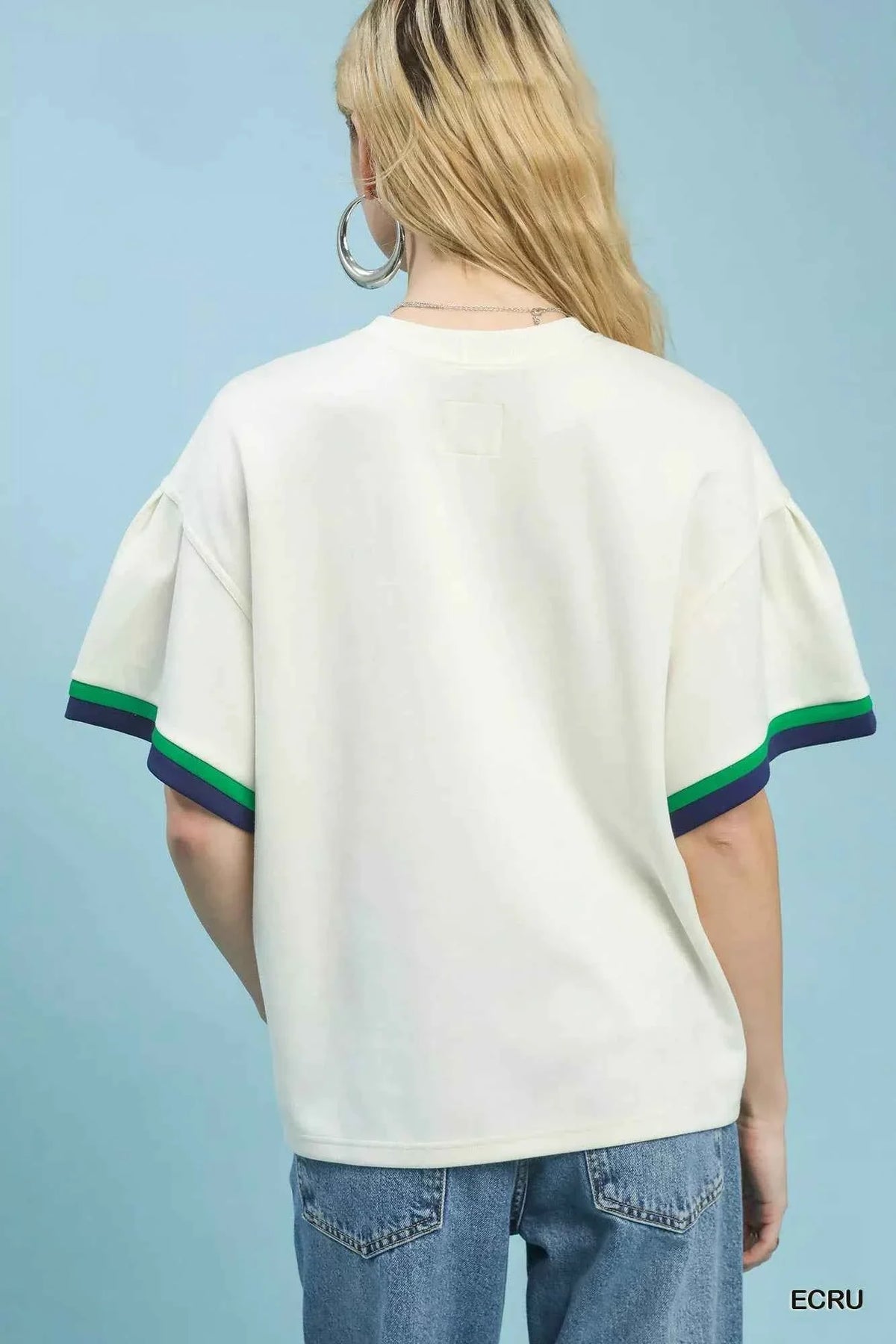 Ecru Contrast-Trim Bell Sleeve Top