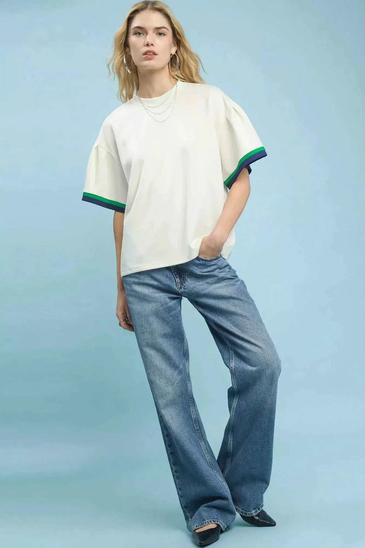 Ecru Contrast-Trim Bell Sleeve Top