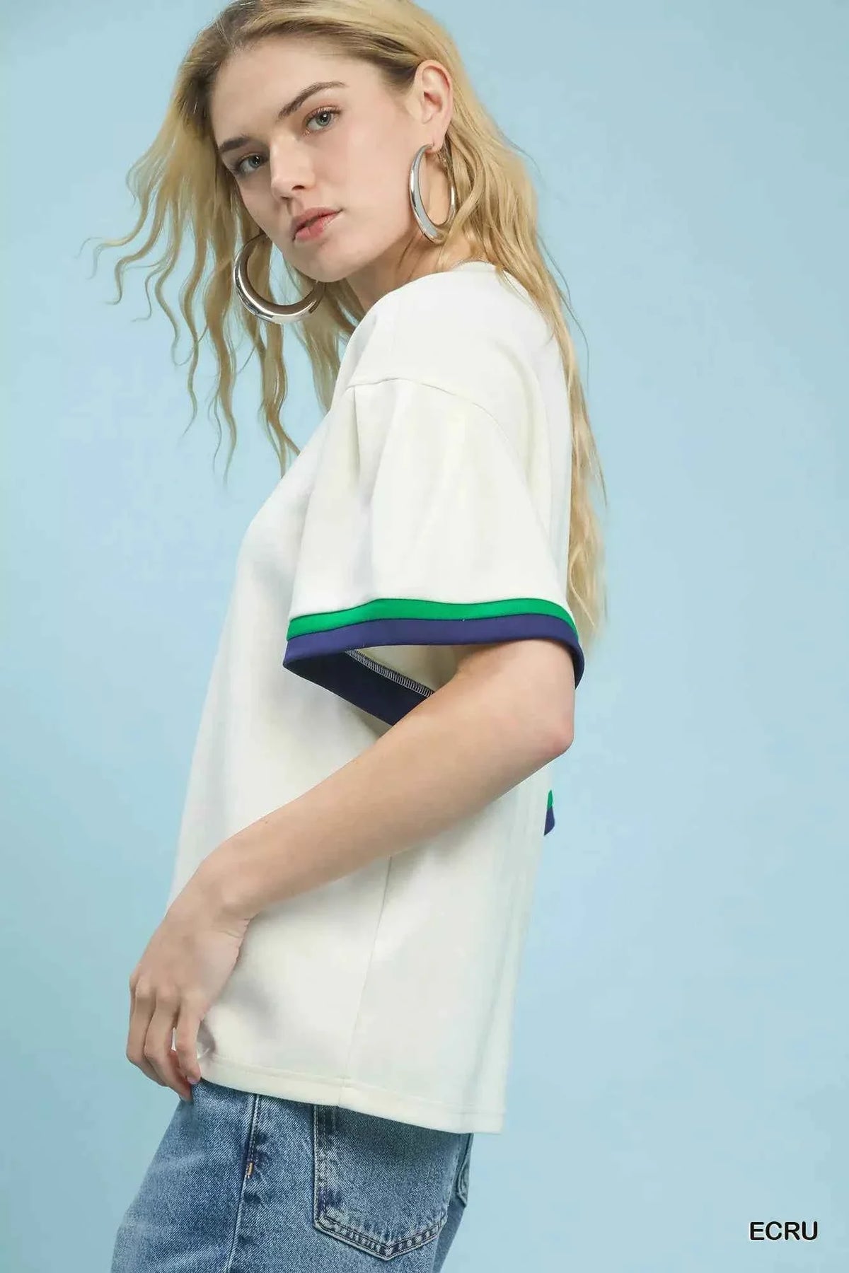 Ecru Contrast-Trim Bell Sleeve Top