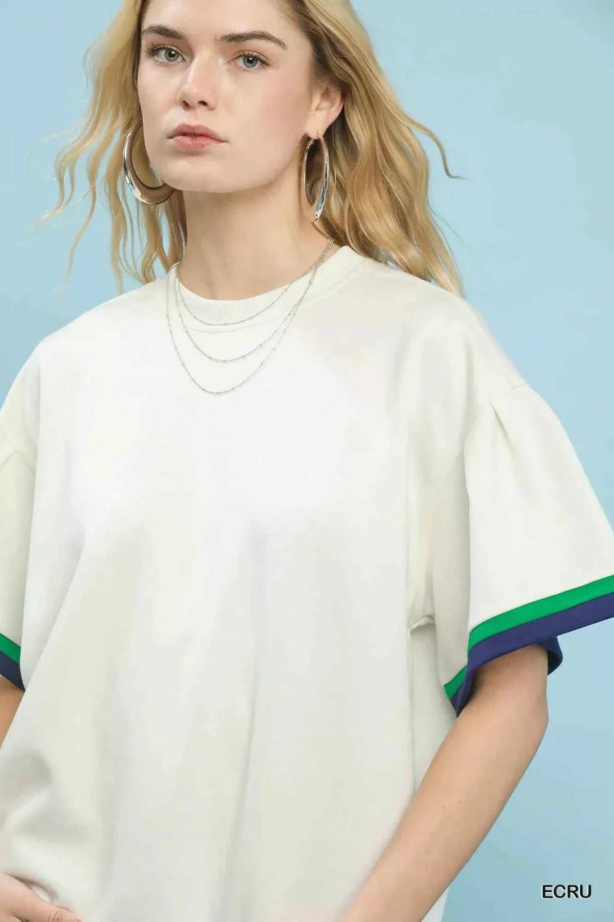 Ecru Contrast-Trim Bell Sleeve Top