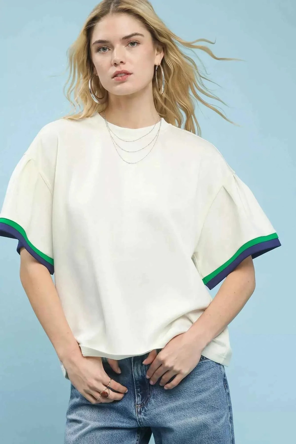 Ecru Contrast-Trim Bell Sleeve Top