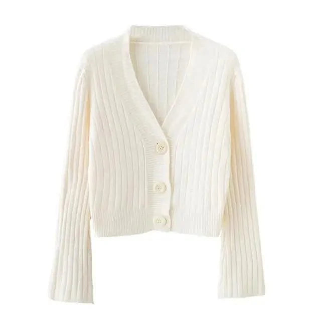 Cropped Ribbed Cardigan with Flared Sleeves