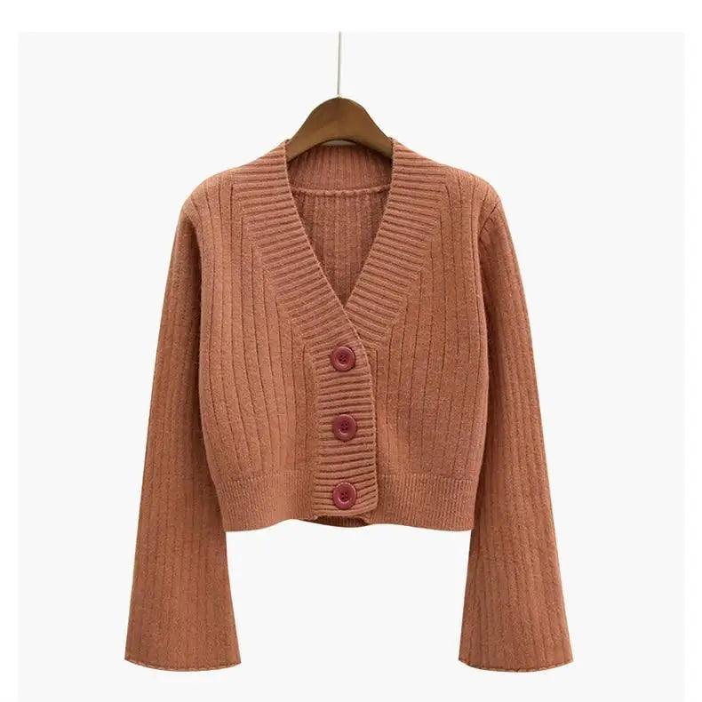 Cropped Ribbed Cardigan with Flared Sleeves