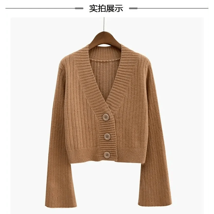 Cropped Ribbed Cardigan with Flared Sleeves