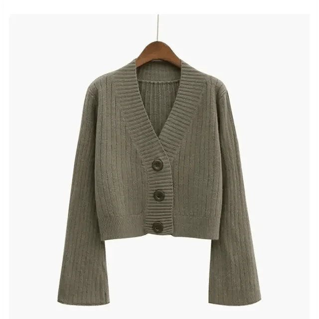 Cropped Ribbed Cardigan with Flared Sleeves