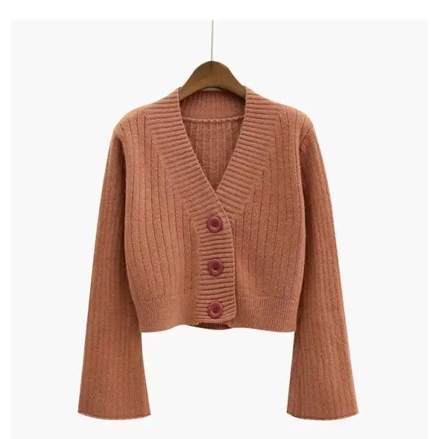 Cropped Ribbed Cardigan with Flared Sleeves