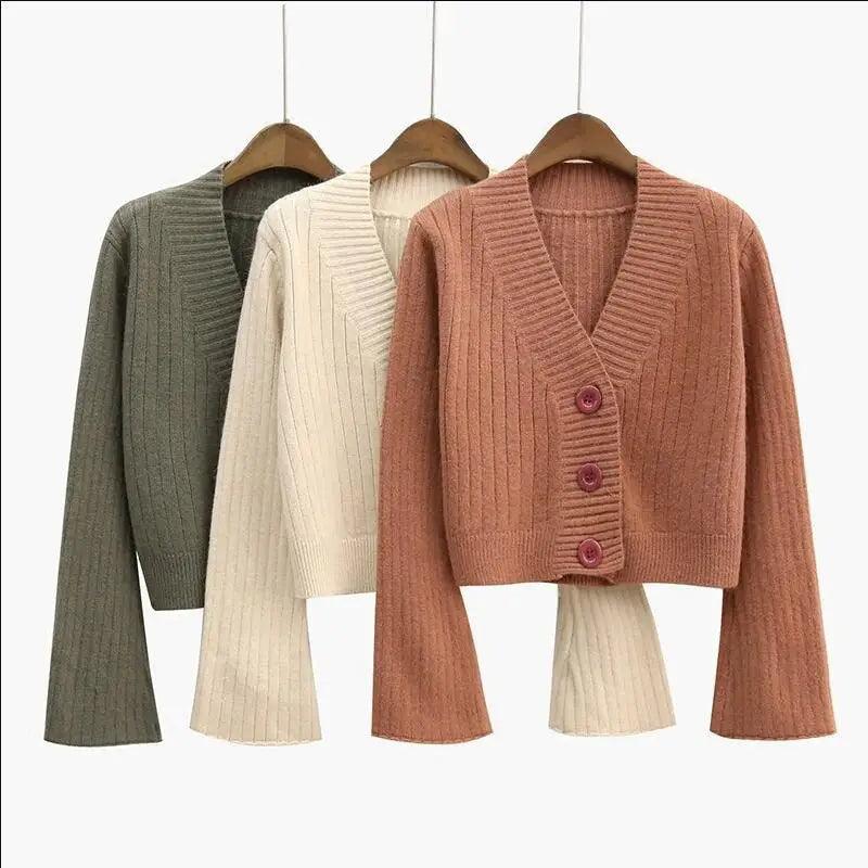 Cropped Ribbed Cardigan with Flared Sleeves