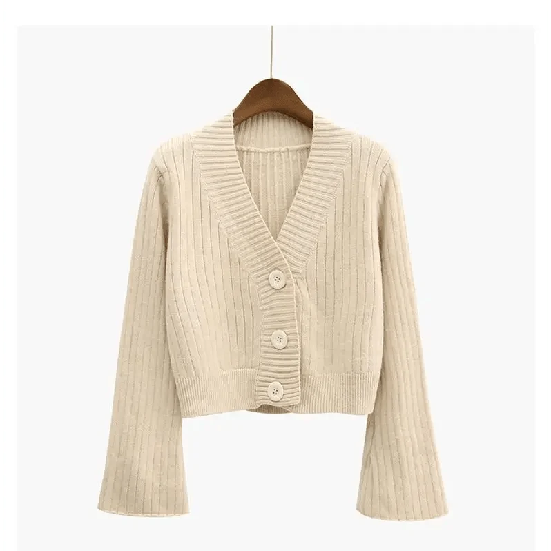 Cropped Ribbed Cardigan with Flared Sleeves