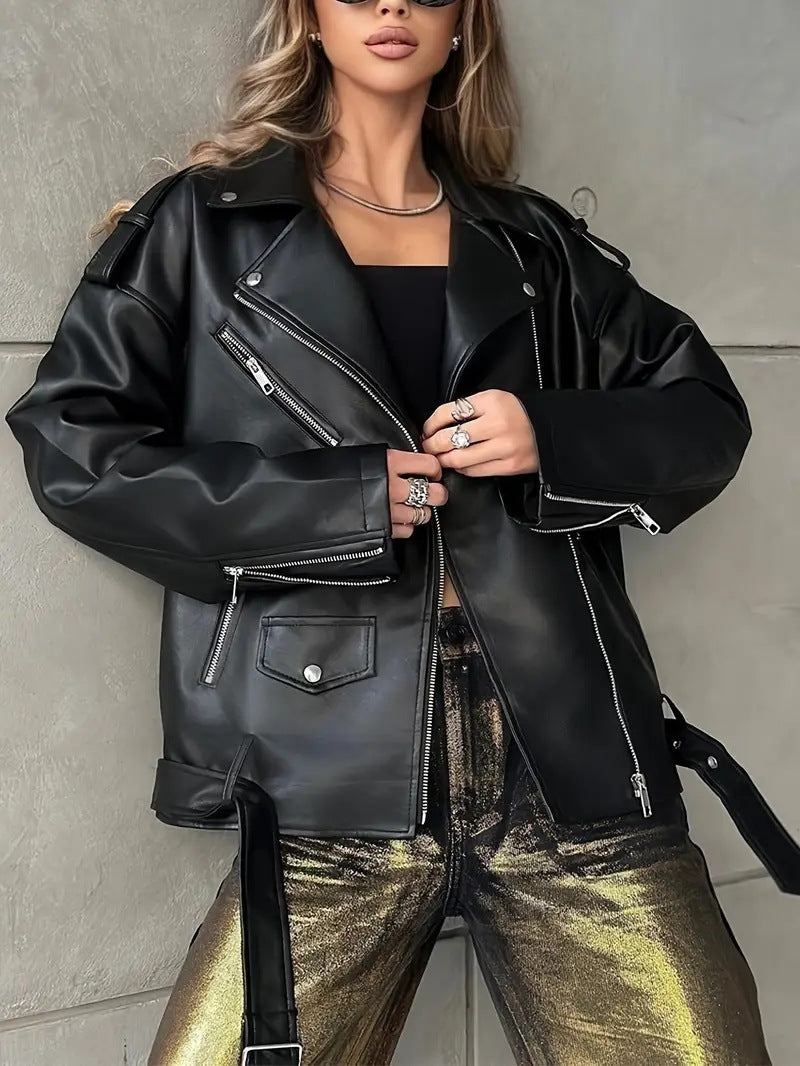 Boyfriend Fit Faux Leather Biker Jacket