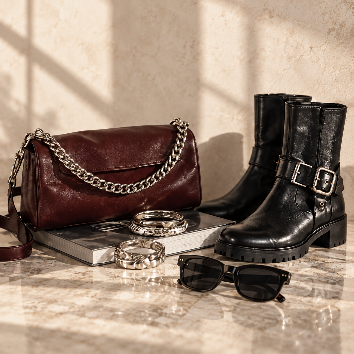 Oxblood handbag, black boots and silver accessories